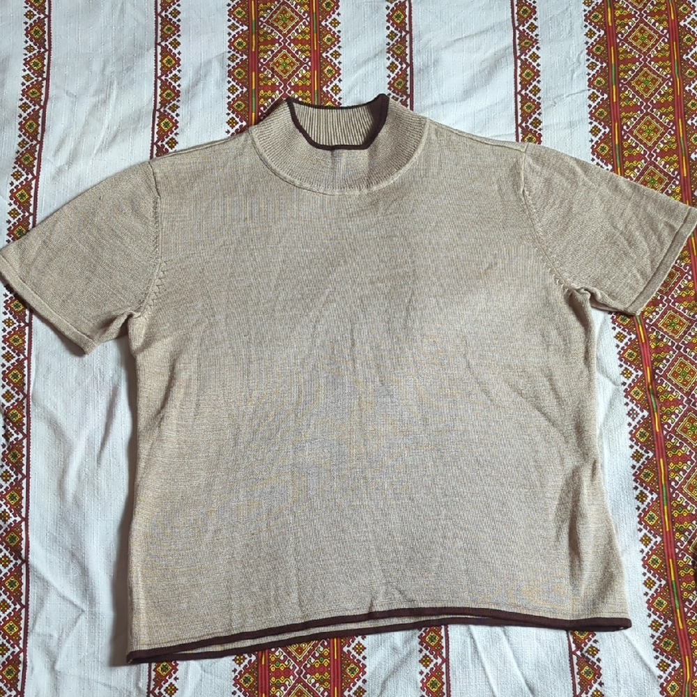 Beige Tahari ASL Short Sleeve Mock Turtleneck